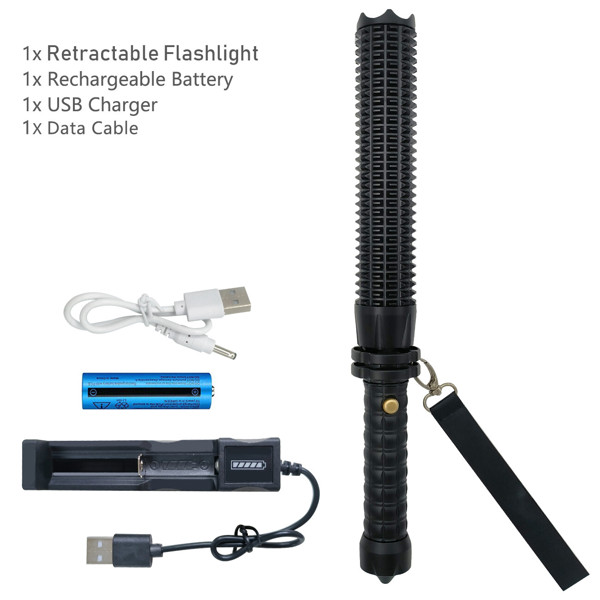 USB Rechargeable LED Flashlight Retractable Torch 3-Mode Zoomable Security Light