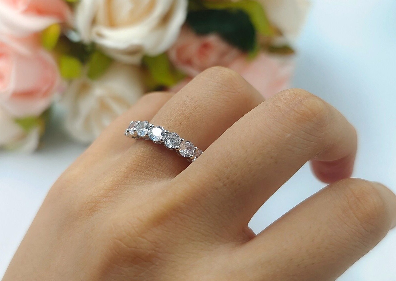 Art Deco Half Eternity Stackable Wedding Round Ring CZ 925 Sterling Silver 4mm