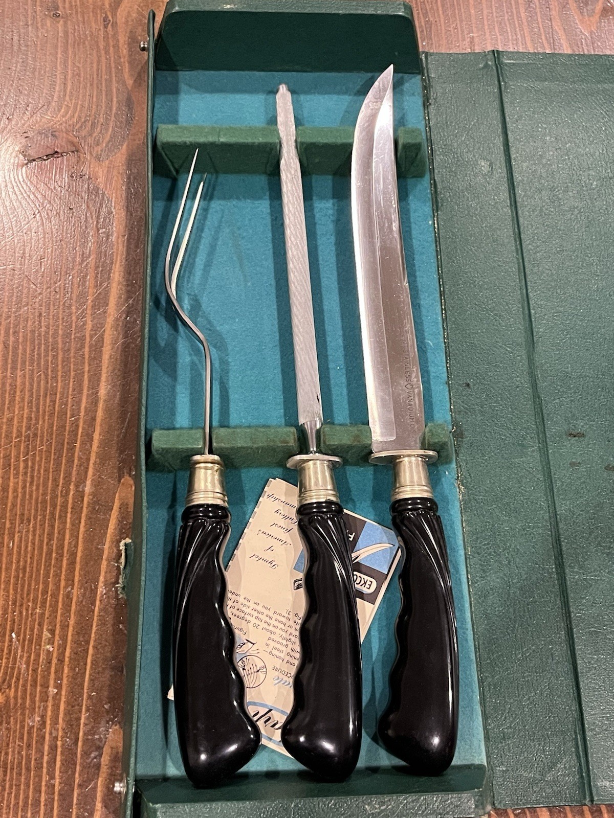 EKCO Flint Cutlery Set Black Handled 3 pc Carving Set Case Vtg MCM