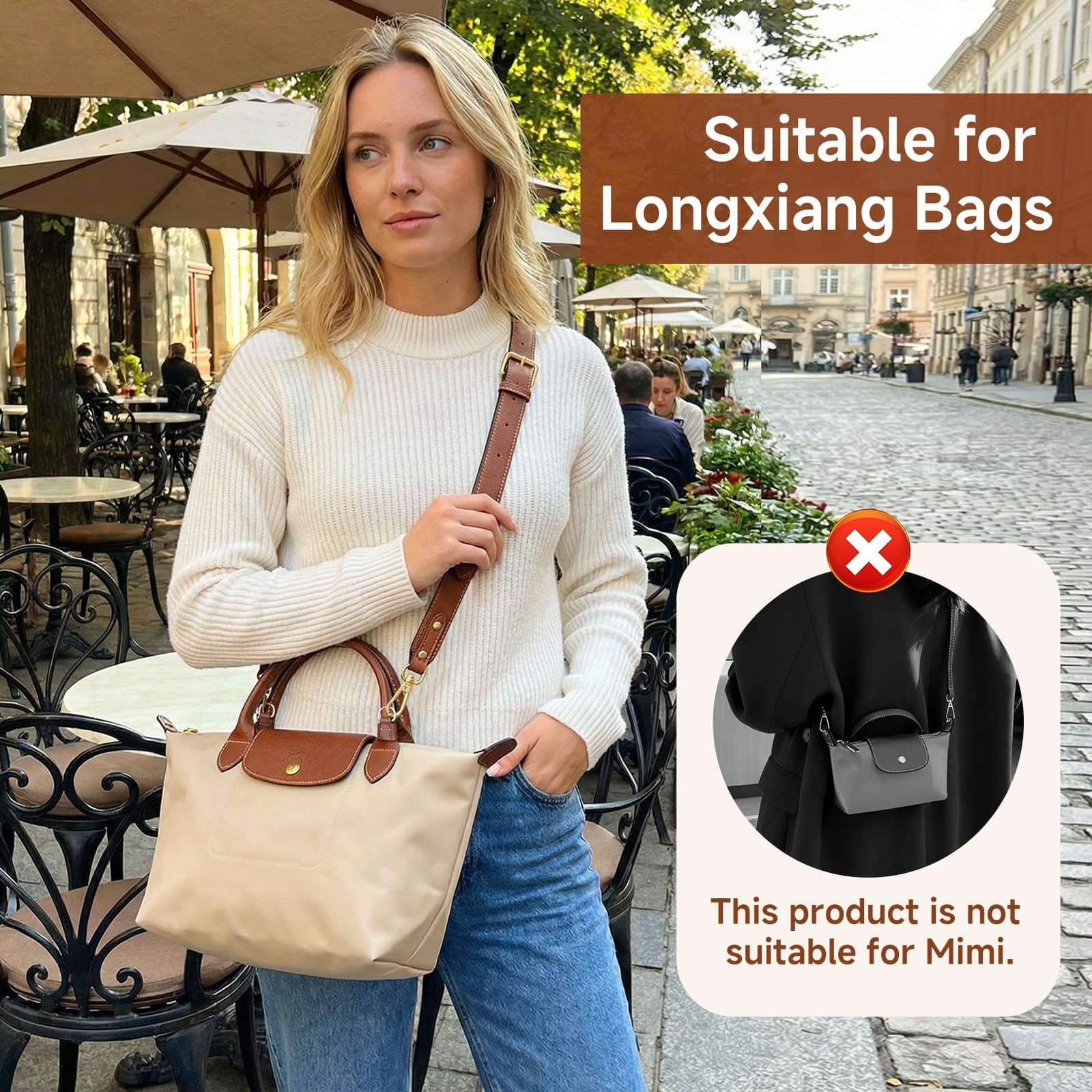Leather Strap Conversion Kit Compatible with Longchamp Le Pliage, Cognac Genu...