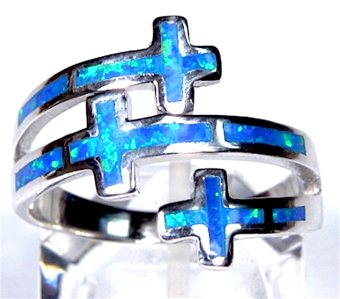 Blue or White Fire Opal Solid 925 Sterling Silver Cross Ring Size 6,7,8,9,10