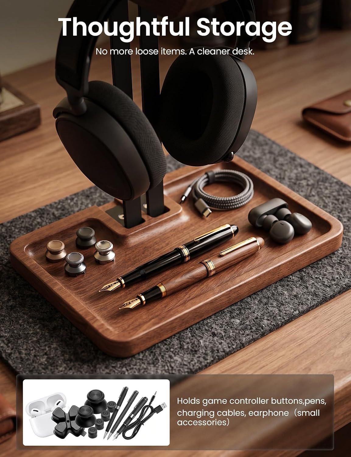 LOXP Walnut Headphone and Controller Stand, 2-In-1 Holder with Storage | Solid W