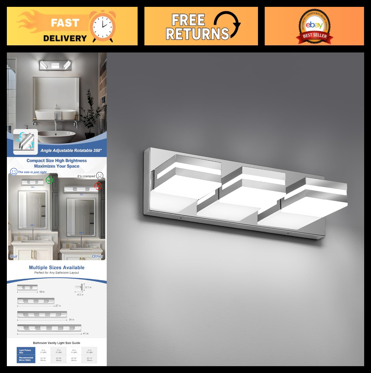 3-Light Modern LED Bathroom Vanity Lights - Stainless Steel Chrome Wall Fixture,