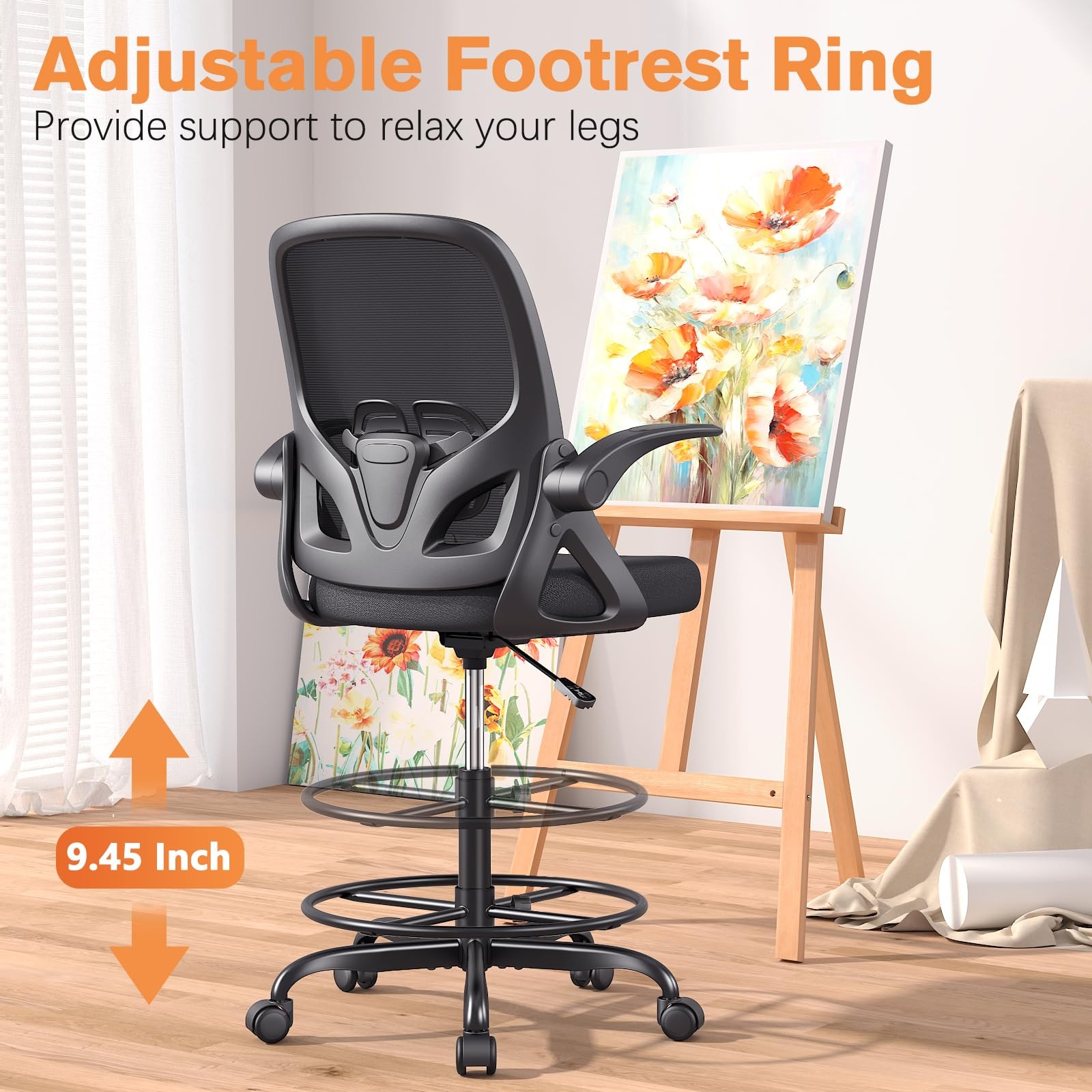 Tall Drafting Chair with Lumbar Support and Footrest Ring, Supportive Tall Ex...