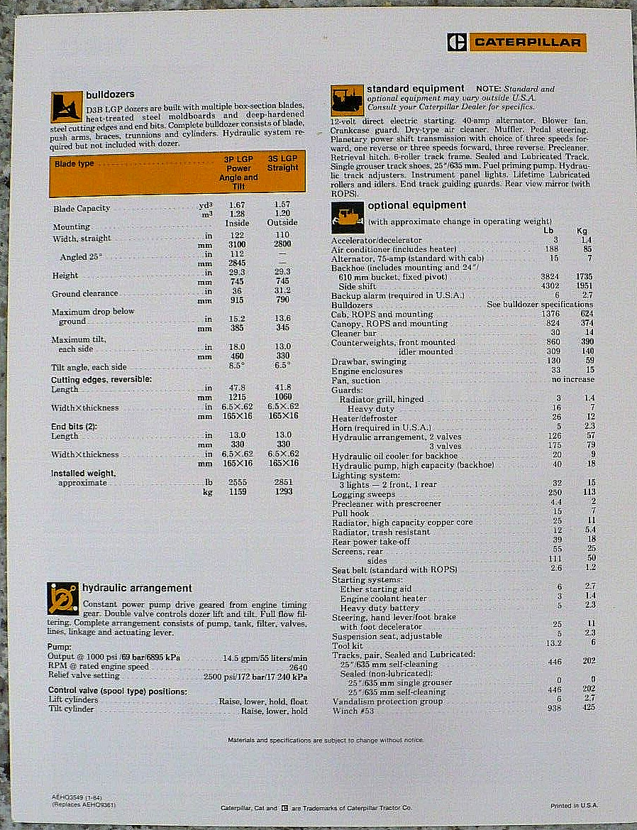 1984 CATERPILLAR D3B LGP TRACTOR CRAWLER BROCHURE