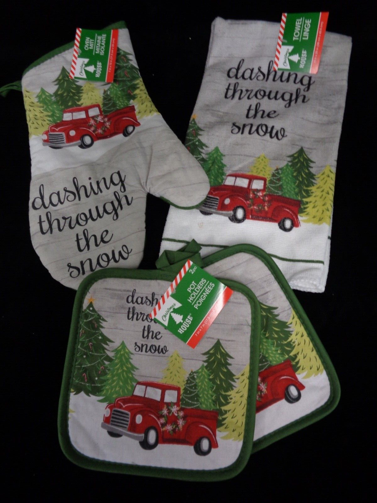 Dashing Through The Snow w/Red Truck Kitchen Towel - Towel, Oven Mitt & Hot Pads