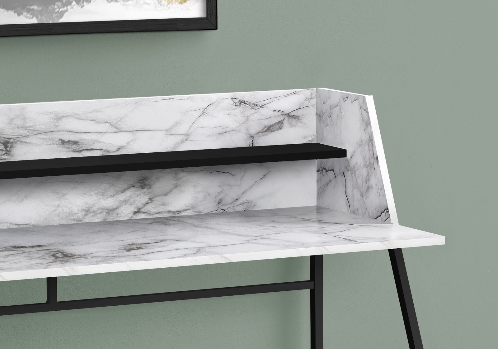 Computer Desk, Home Office, Storage Shelves, White Marble Look Laminate