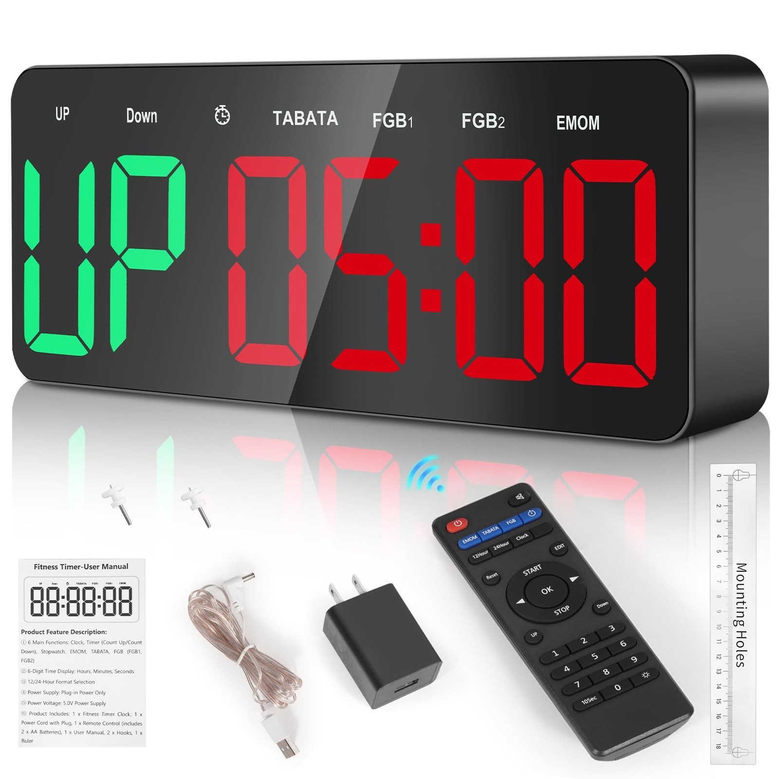 Gym Clock Timer for Tabata, FGB & EMOM, Large LED Workout Clock with Remote C...