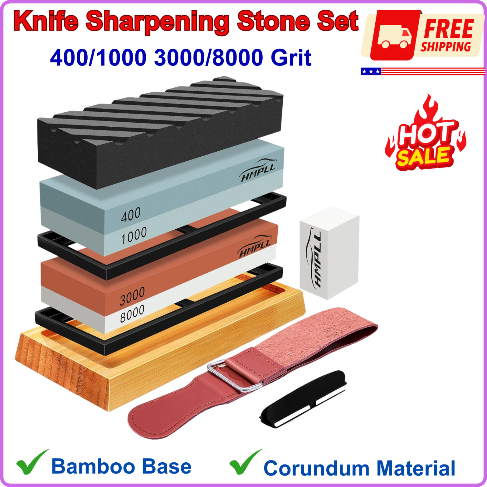 Knife Sharpening Stone Set Whetstone 4 Side Grit 400/1000 3000/8000, Extra Fine