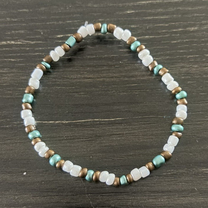 Beaded Bracelet Glass Round Multicolor Cord White Green Brown 7.5 inches