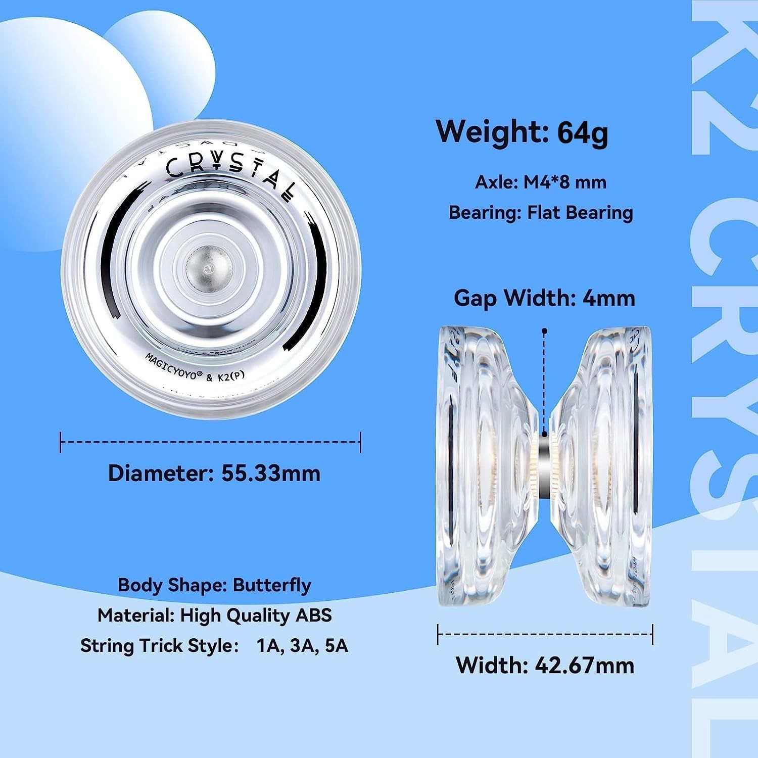 Professional K2 Crystal White Yo-Yo: Beginner Friendly with Extra Strings & Case