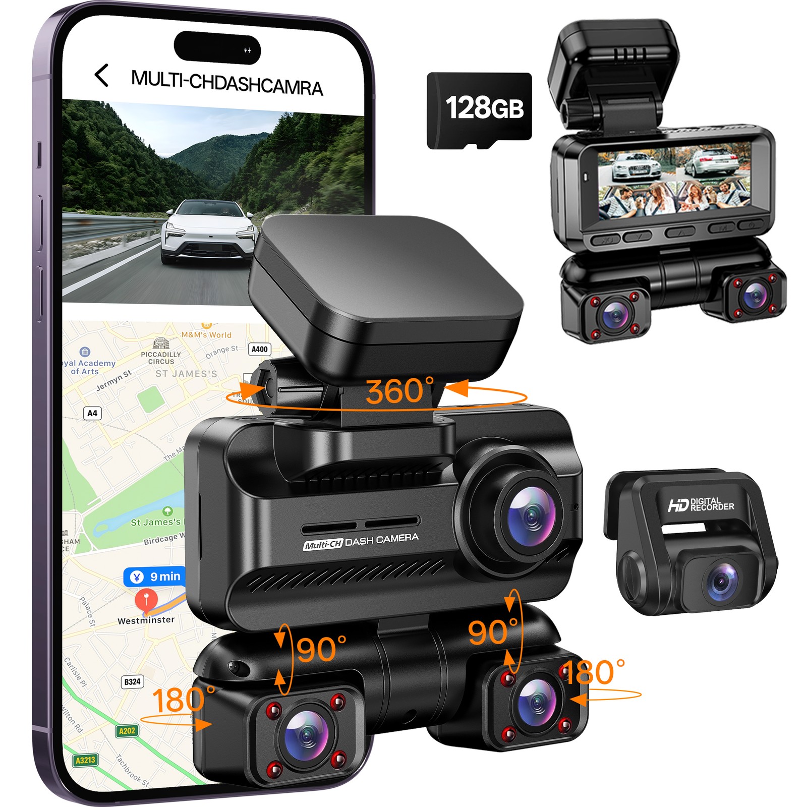 Dash Cam 4 Channels 360° Front Rear Inside DashCam 4K Full HD Car Camera w/ 128G