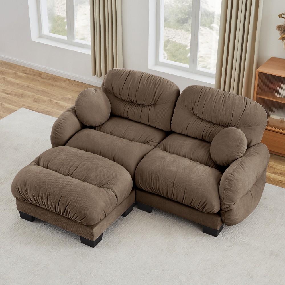 L-Shape Sectional Sofa with Ottoman, Brown Chenille Fabric, 2-Seater