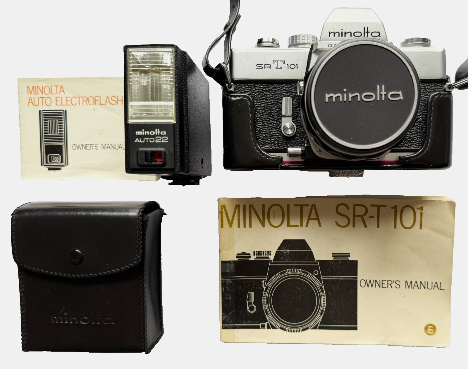 EXCELLENT MINOLTA SRT101 BLACK SLR 35mm FILM CAMERA WITH AUTO ELECTROFLASH JAPAN
