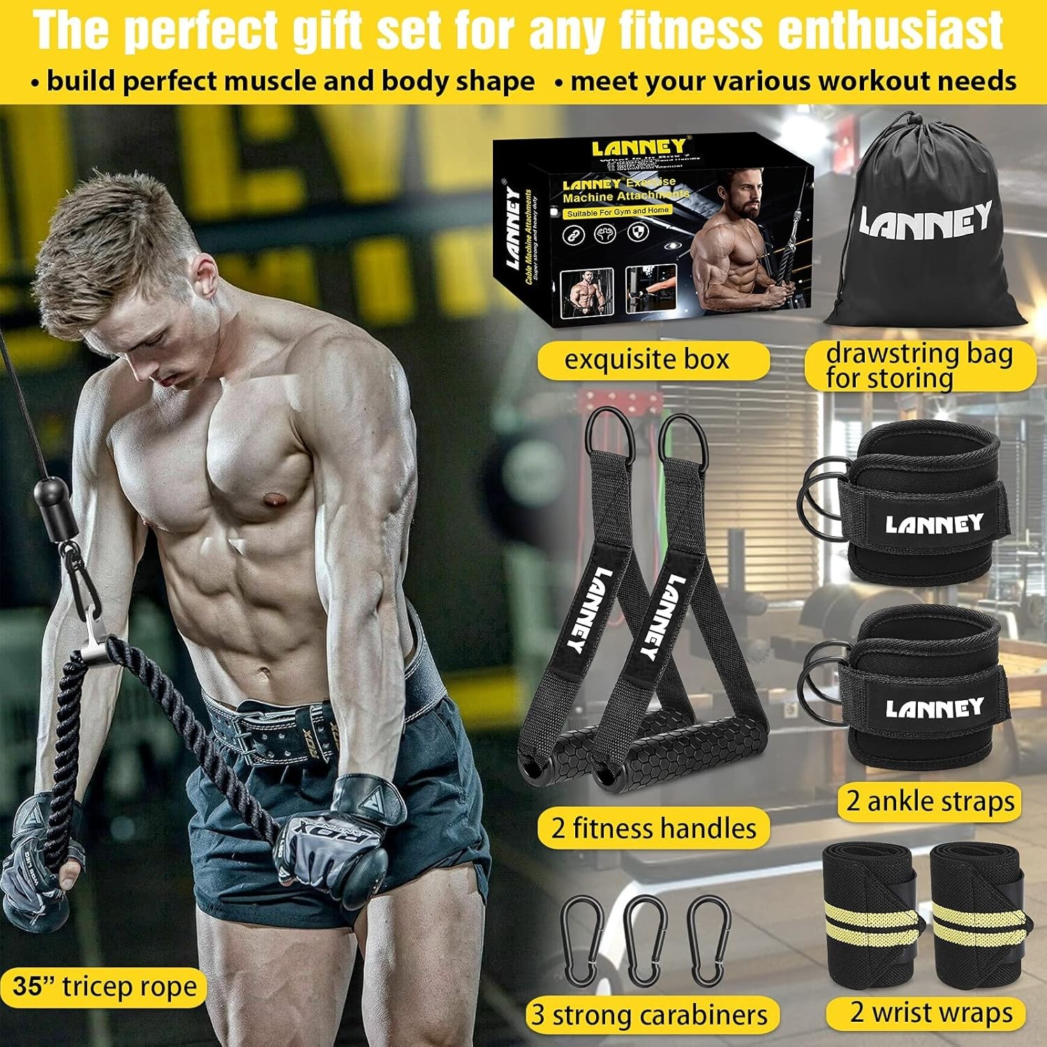 , 35" Triceps Pull Down Rope LAT Pulldown Attachments, Home Gym Accessories S...