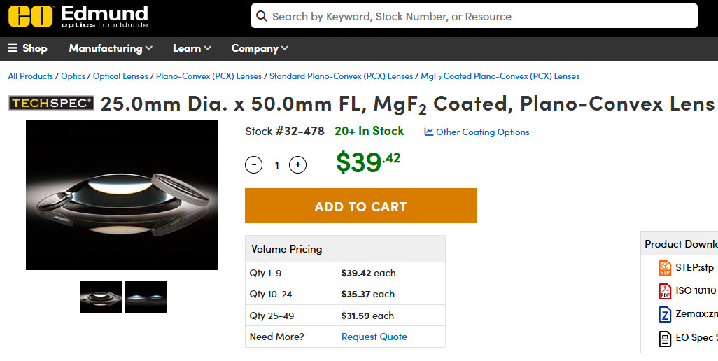 Edmund Optics 25mm Dia. x 50.0mm FL, MgF2 Coated, Plano-Convex Lens