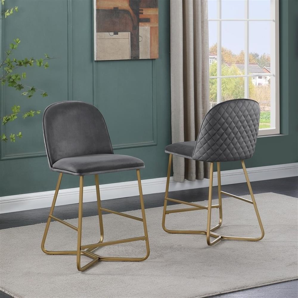 Quilted Back Counterheight Chairs 24" Set of 2 in Dark Gray Velvet and Gold Base