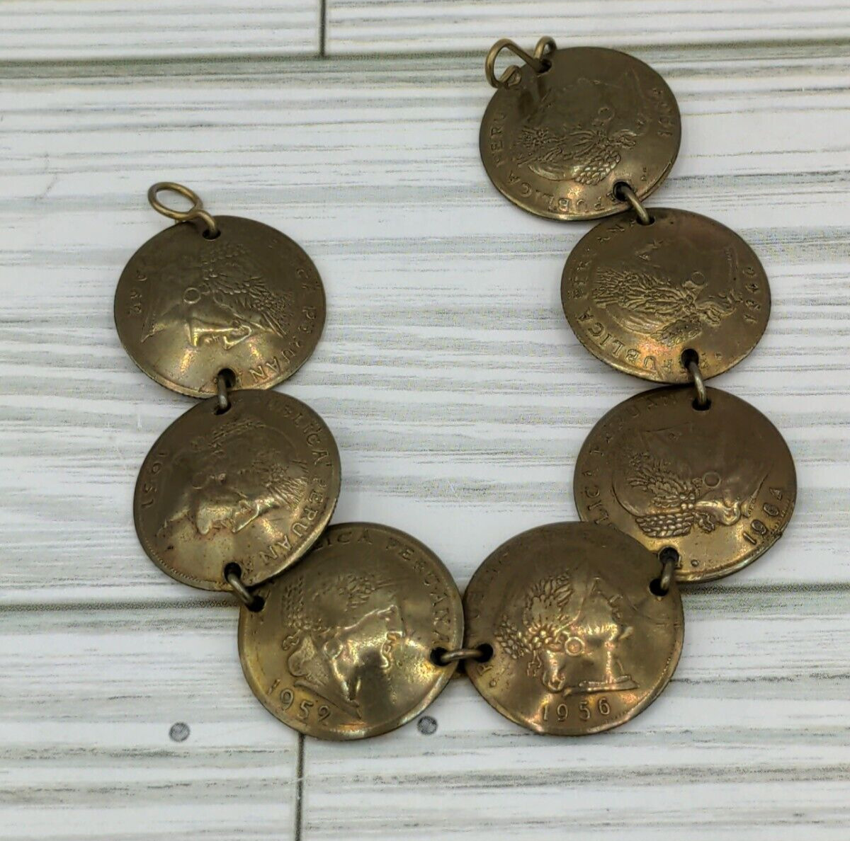 Vintage Peru Brass Coin Bracelet Souvenir Peruvian