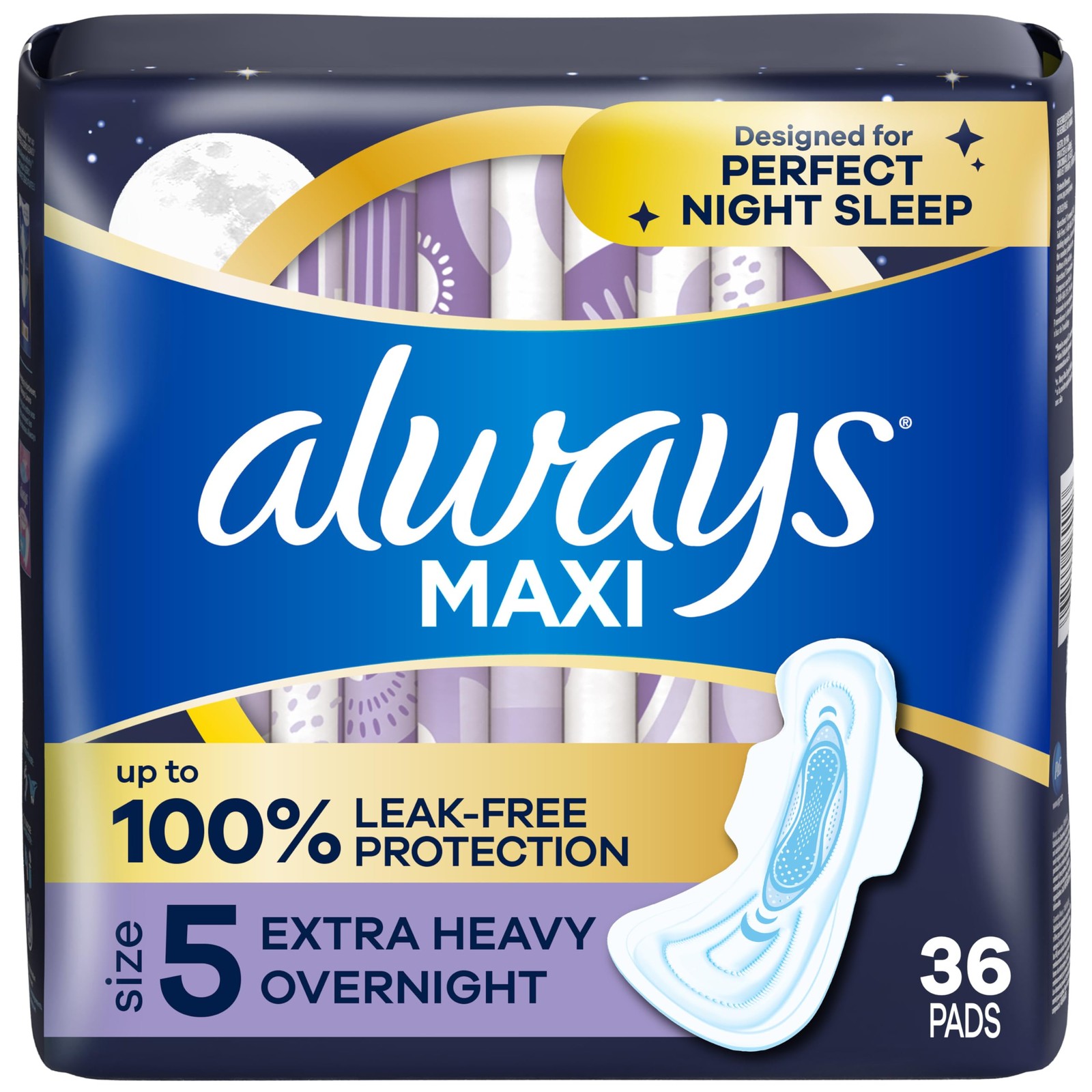 Always Maxi Overnight Pads with Wings for Women, Size 5, Extra Heavy Overnight A