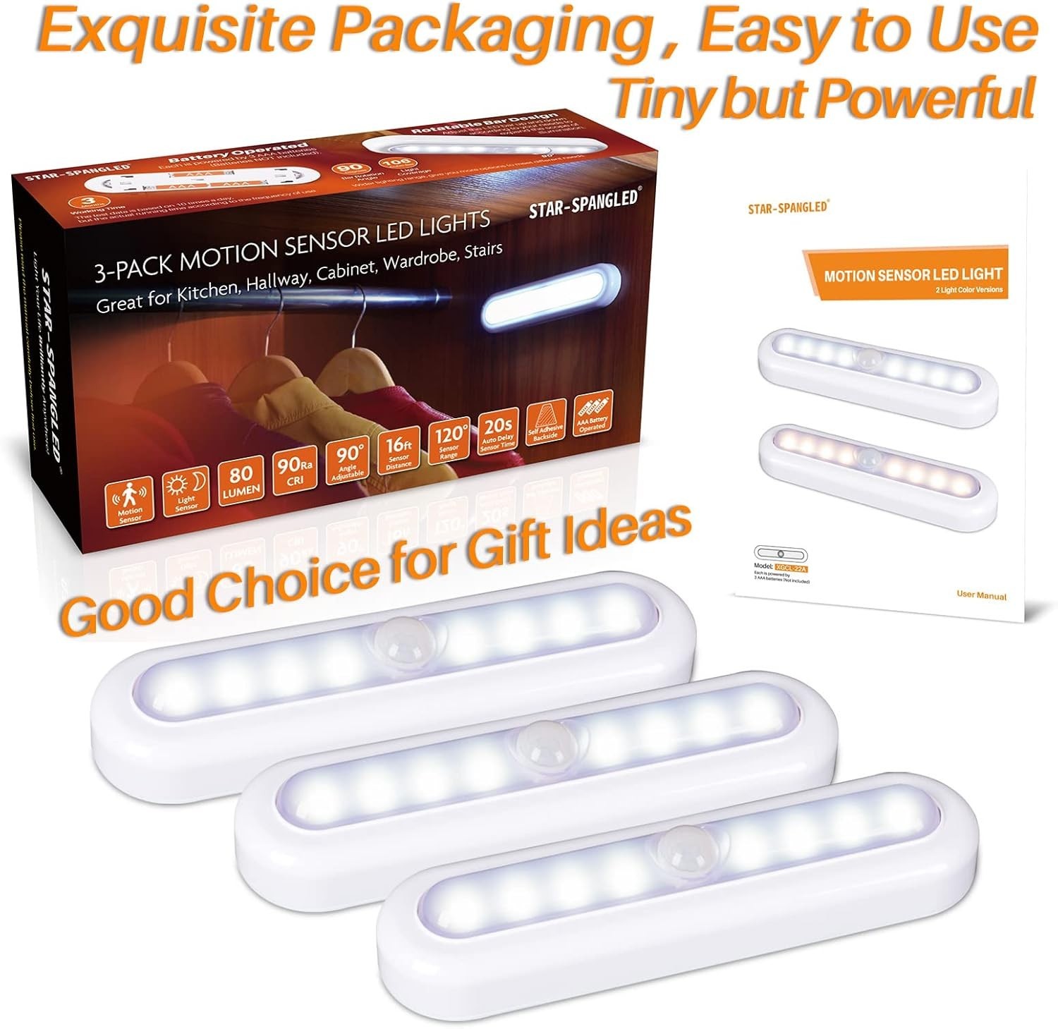 3 Pack 7in Motion Sensor LED Lights Battery Operated Closet Cabinet