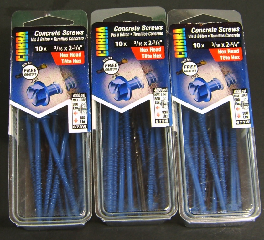 Concrete Screws Lot of 30 Cobra HH 3/16 X 2-3/4  Pack of 10 X (3) Plus Drill Bit