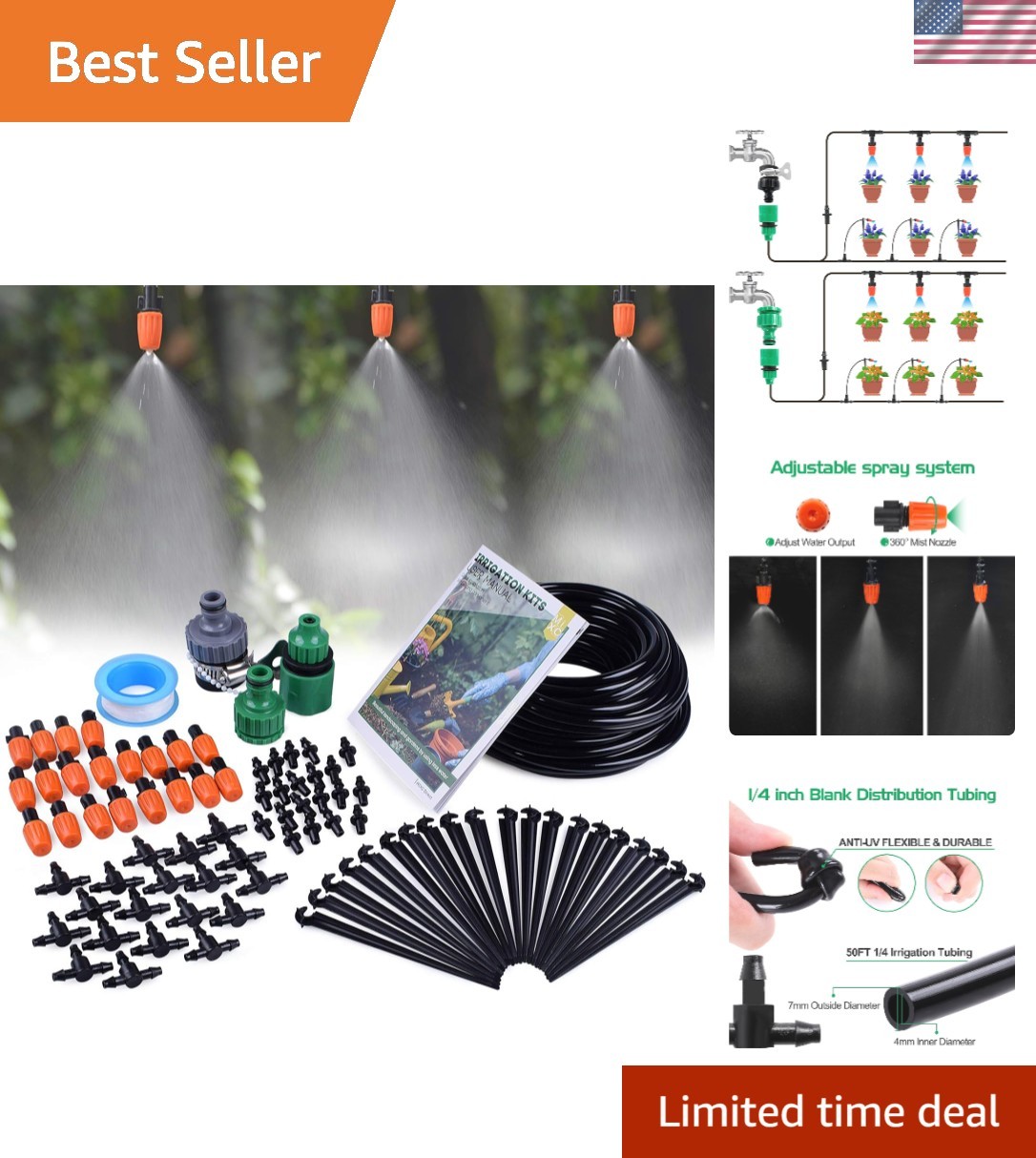 DIY 50FT Greenhouse Irrigation System - Adjustable Nozzle & Timer Compatible