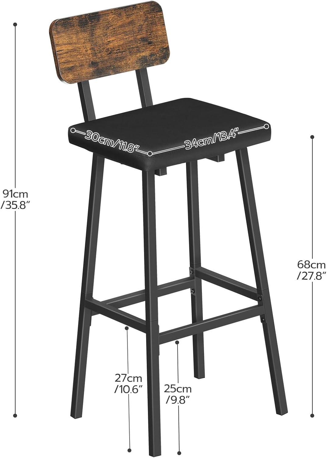 Black Bar Stools Set of 2 PU Upholstered Tall Bar Stools Kitchen Breakfast