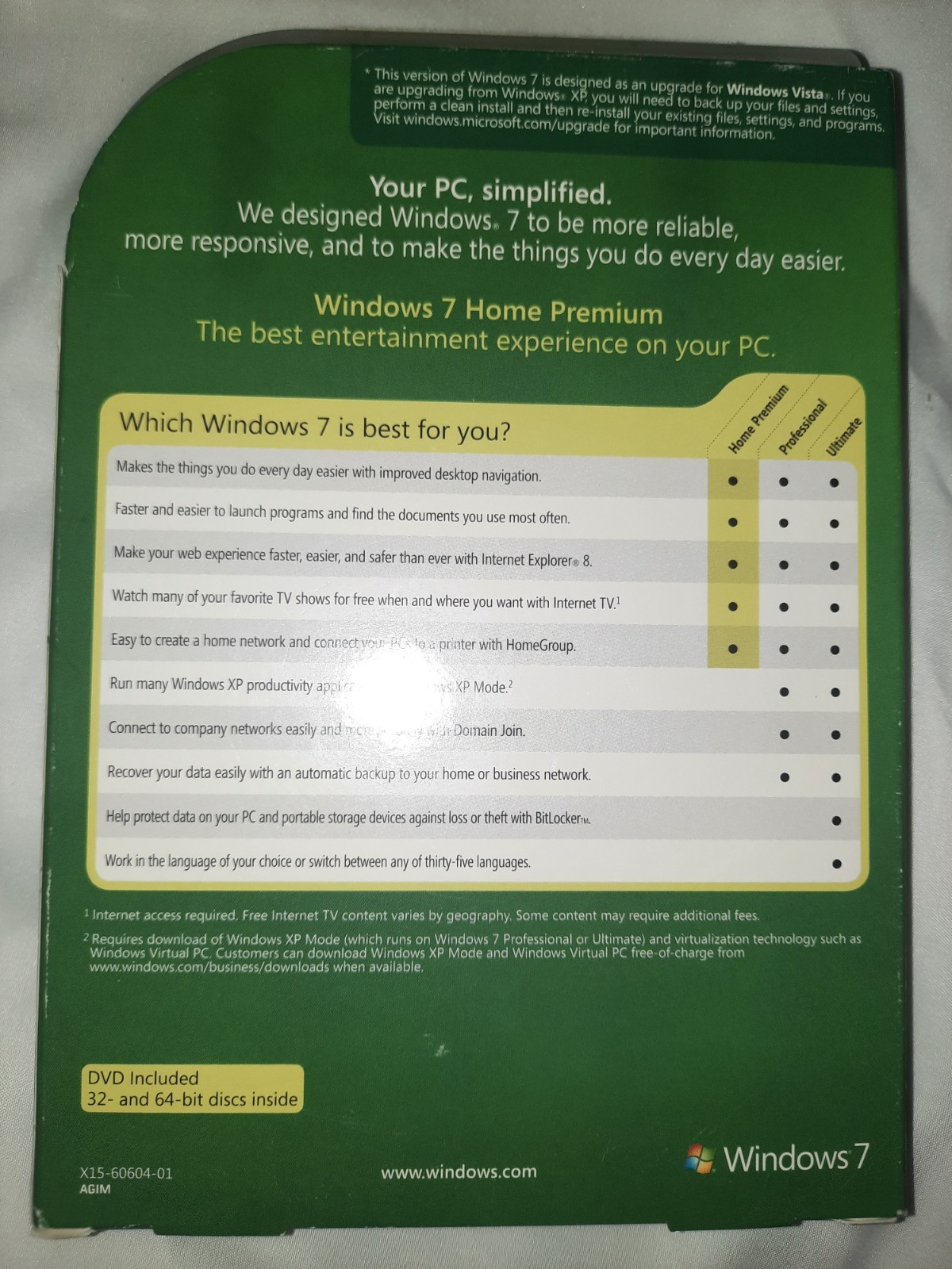 Microsoft Windows 7 Home Premium UPGRADE 32 & 64 Bit DVDs MS Windows With Key