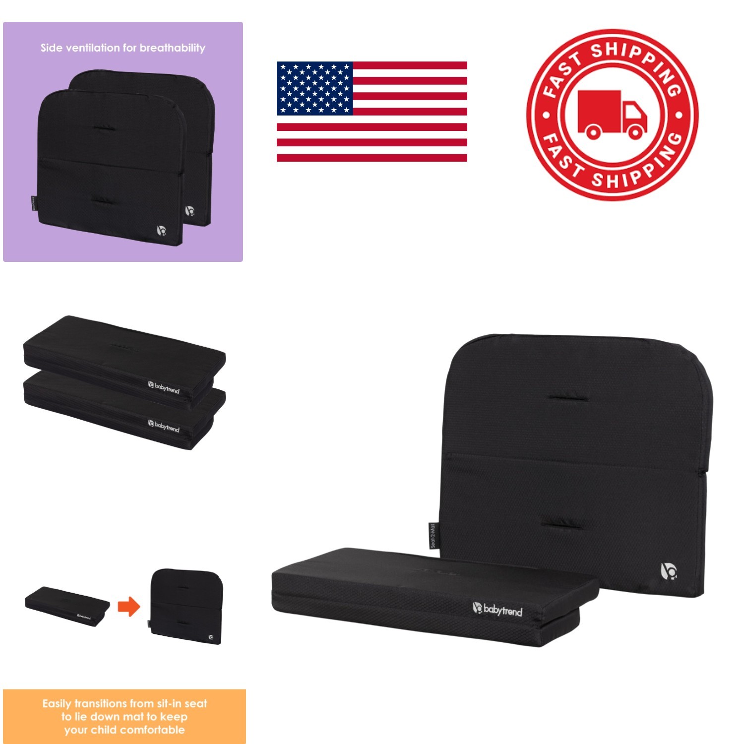Portable Stroller Wagon Seat2Mat Black with Cup Holders and Comfortable Design