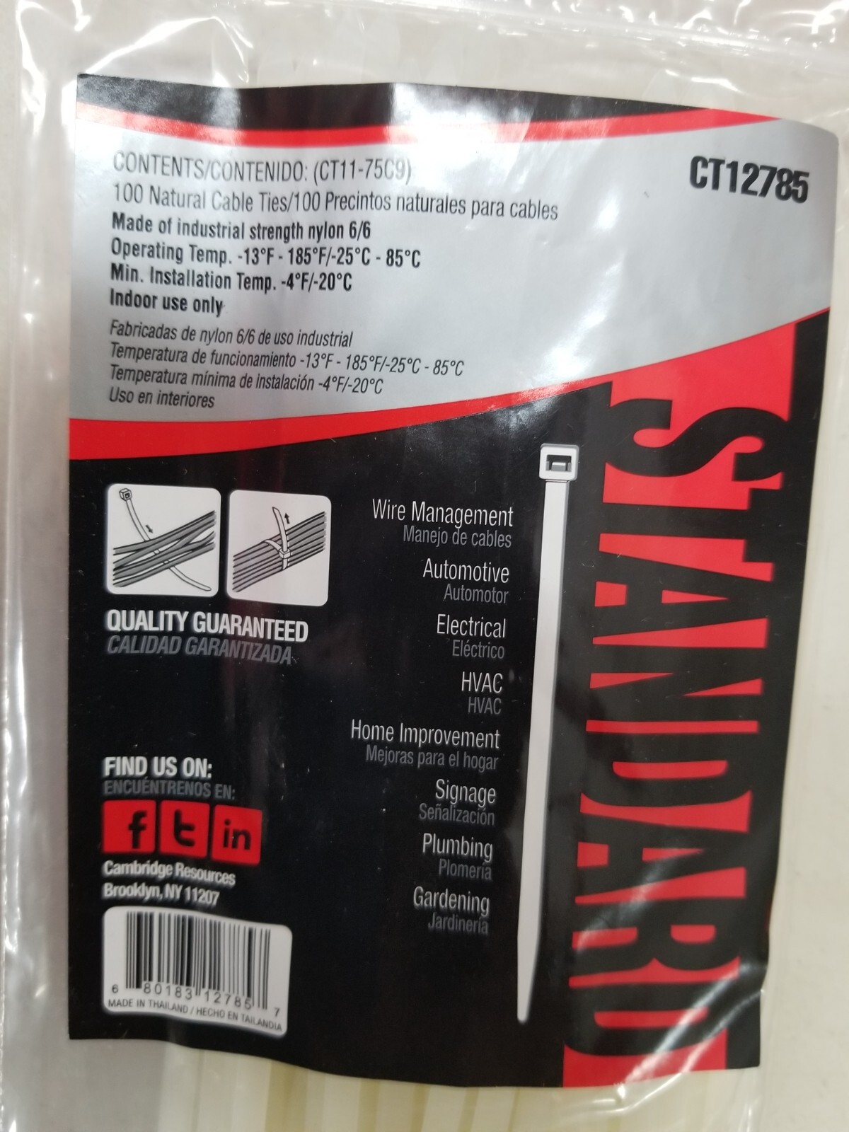 11" Cable Tie Cambridge Resources Zipits CT12785 75# Natural Lot of 12 Bags/100