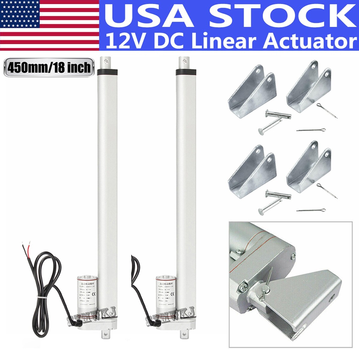Set of 2 Linear Actuators W/ Brackets 18" Stroke 330 Pound Max Lift 12V DC Motor