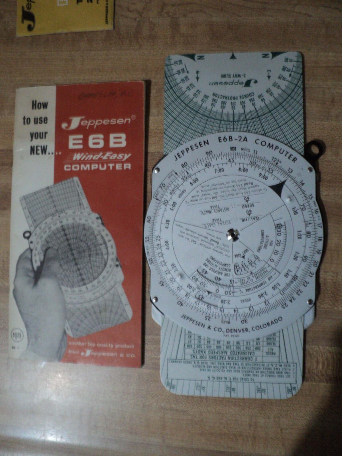 Jeppesen Metal E6B-2A Flight Computer w case +PN-2 Pocket Plotter + F P Denault