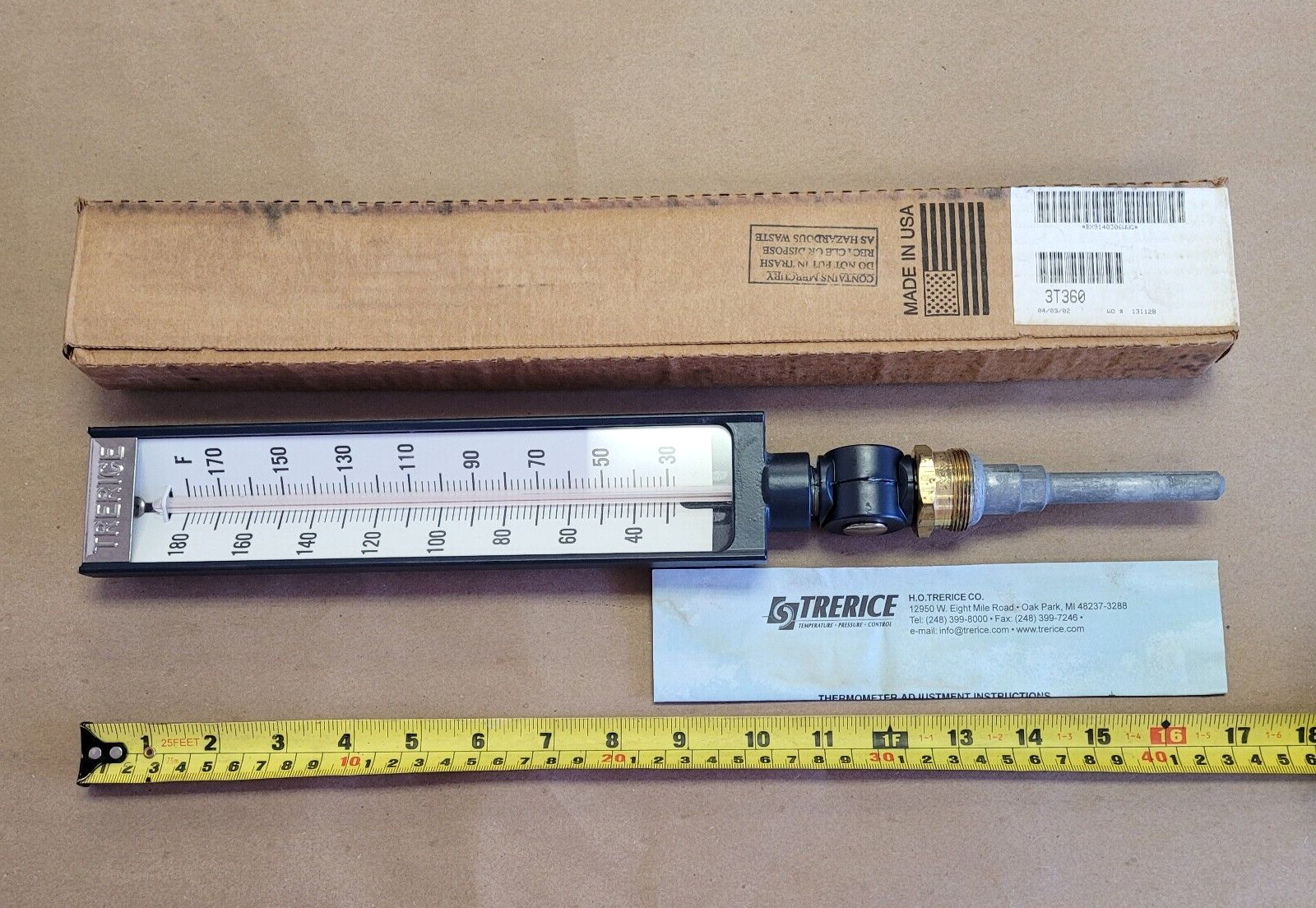 TRERICE THERMOMETER BX9140306WWG BX91403.5, 30 TO 180F, 3.5" ALUMINUM STEM 3T360