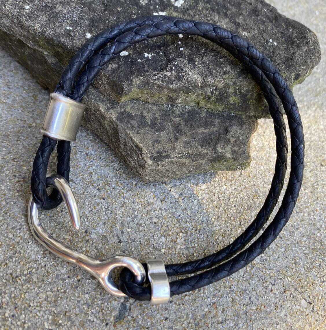Black Breaded Leather Sterling Silver Hook Bracelets