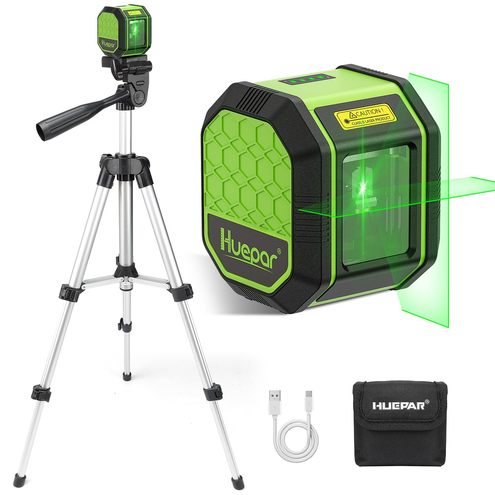 HUEPAR 100Ft Green Cross Line Laser Level with Tripod Rechargeable Self-Leveling