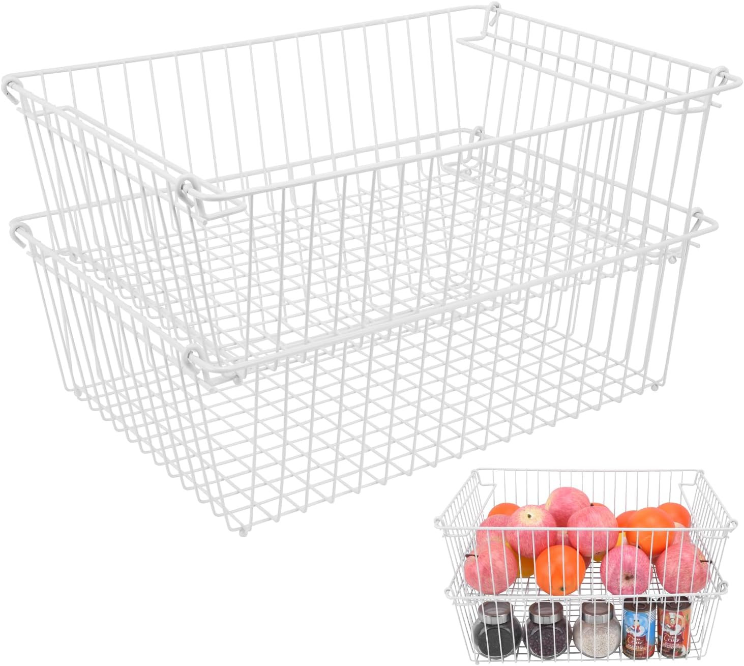 Set of 2 Stackable XXL Wire Baskets for Pantry Storage and Organization -16X12In