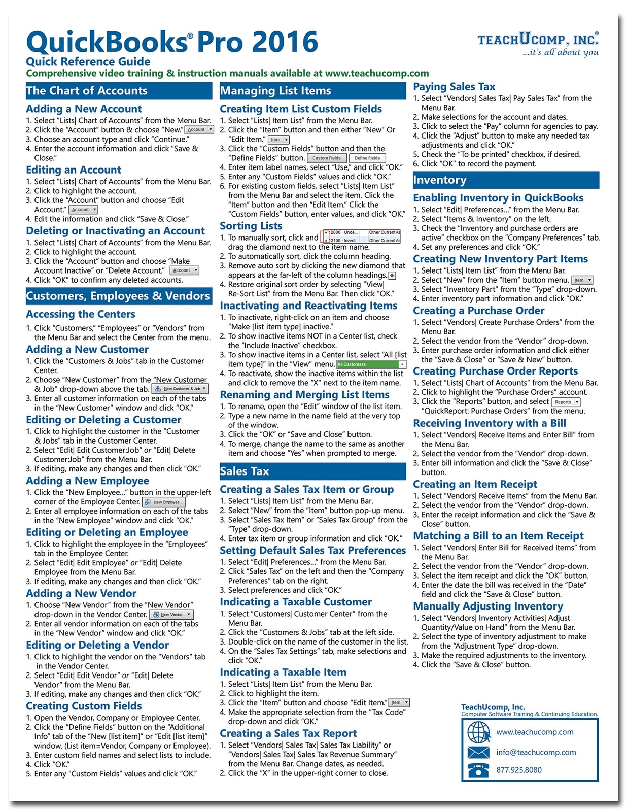 QuickBooks Pro 2016 Training Guide Quick Reference Card 4 Page Cheat Sheet