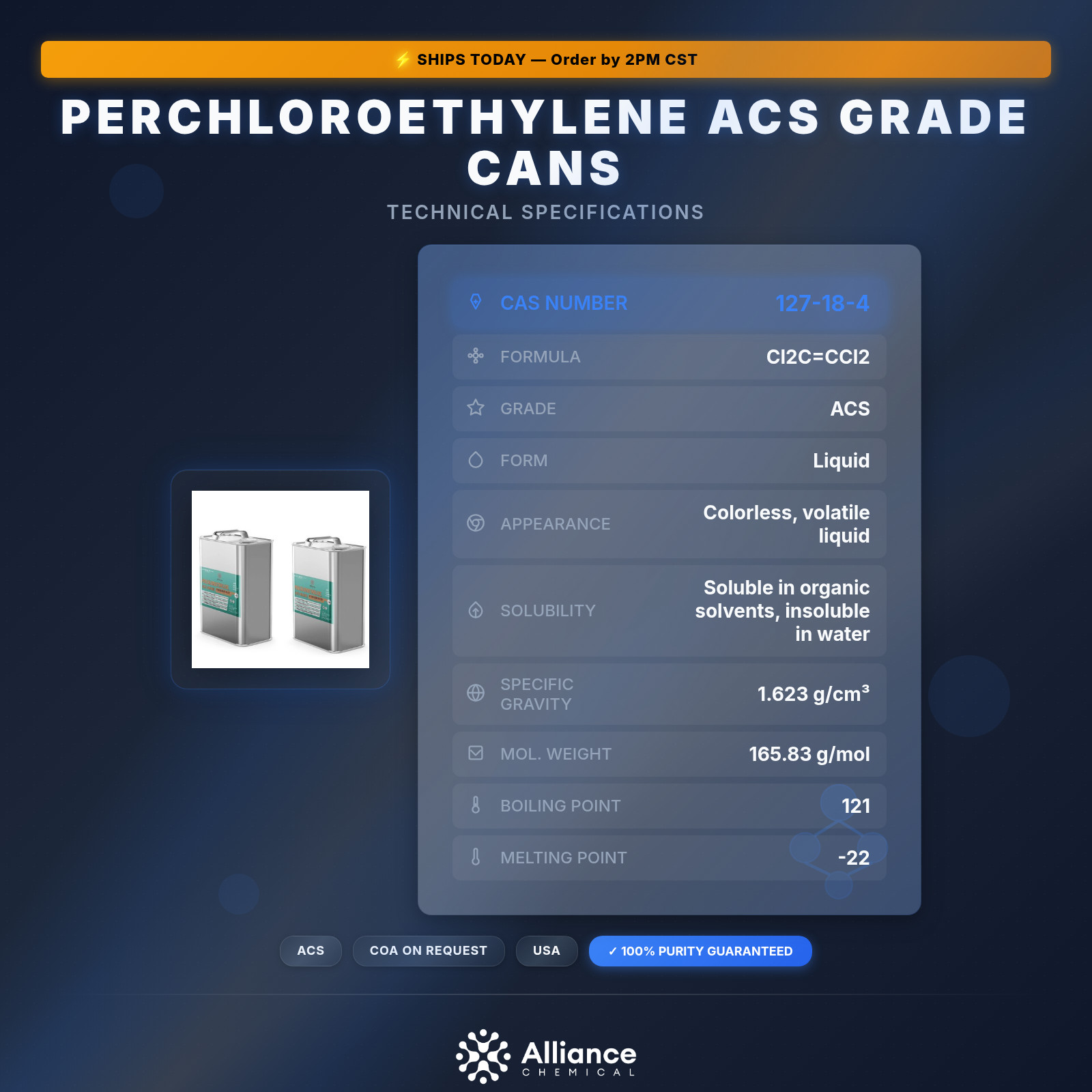 Perchloroethylene ACS Grade - 2 Quart Cans