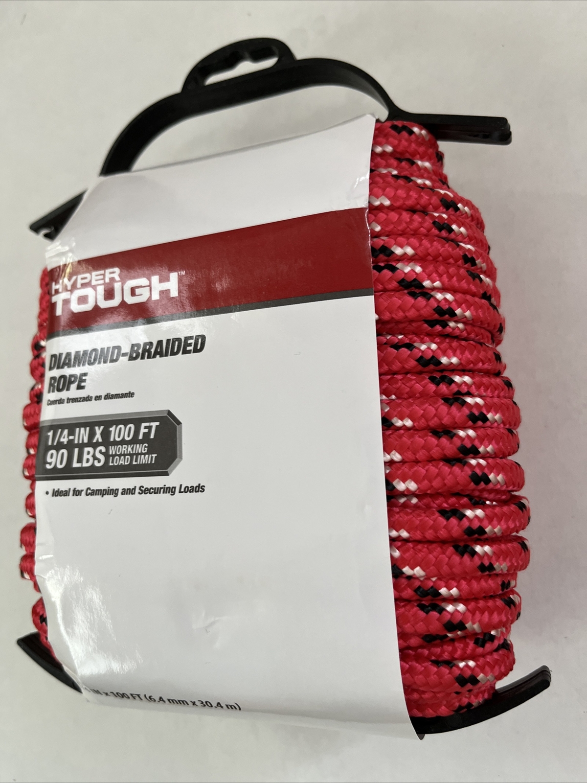 HYPER TOUGH POLYPROPYLENE DIAMOND BRAIDED ROPE 1/4" X 100', RED/BLACK *NEW