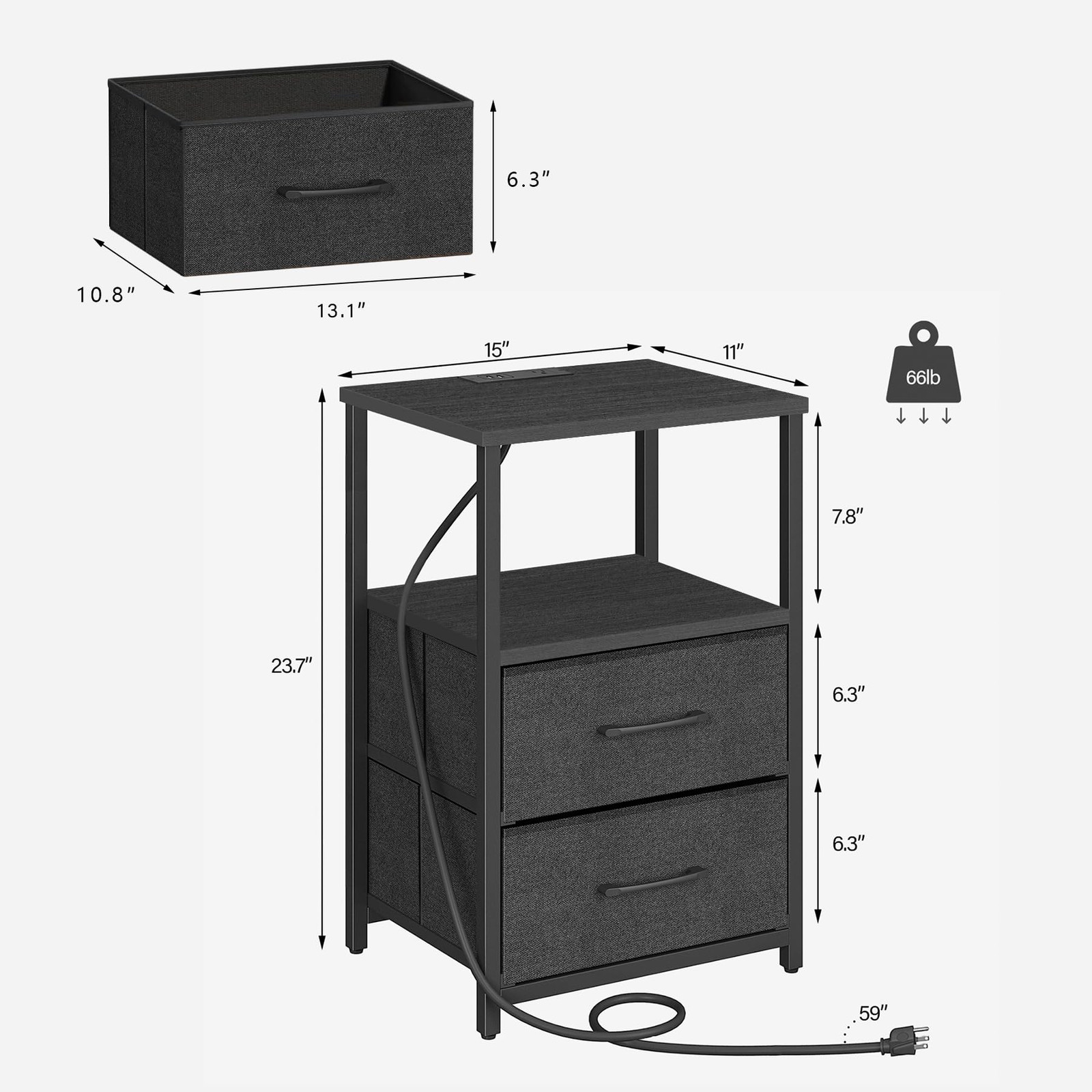 End Table with Charging Station, Side Table with 2 USB Ports and Outlets, Nig...