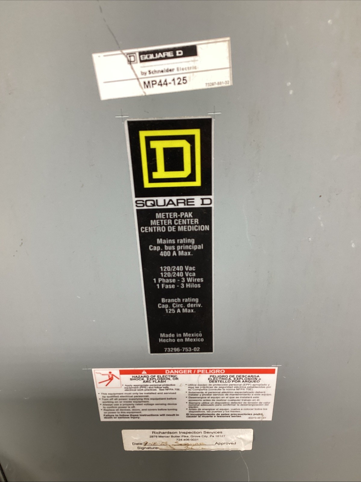 Square D MP44-125 MP Meter Pak Meter Center 125A 1-Phase 3-Wires 120/240V USED