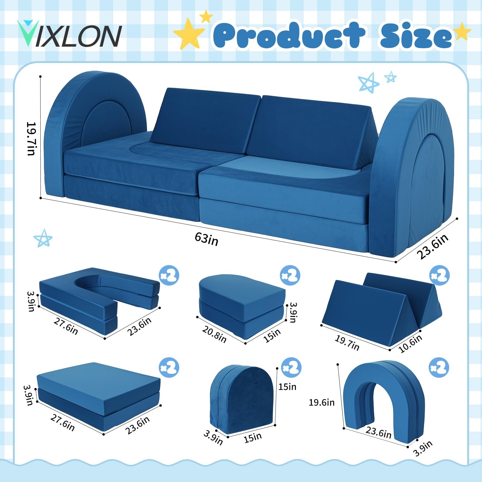 12 Pcs Modular Kids Play Couch, Toddler Couches That Fold Out, Plush Foam Cha...