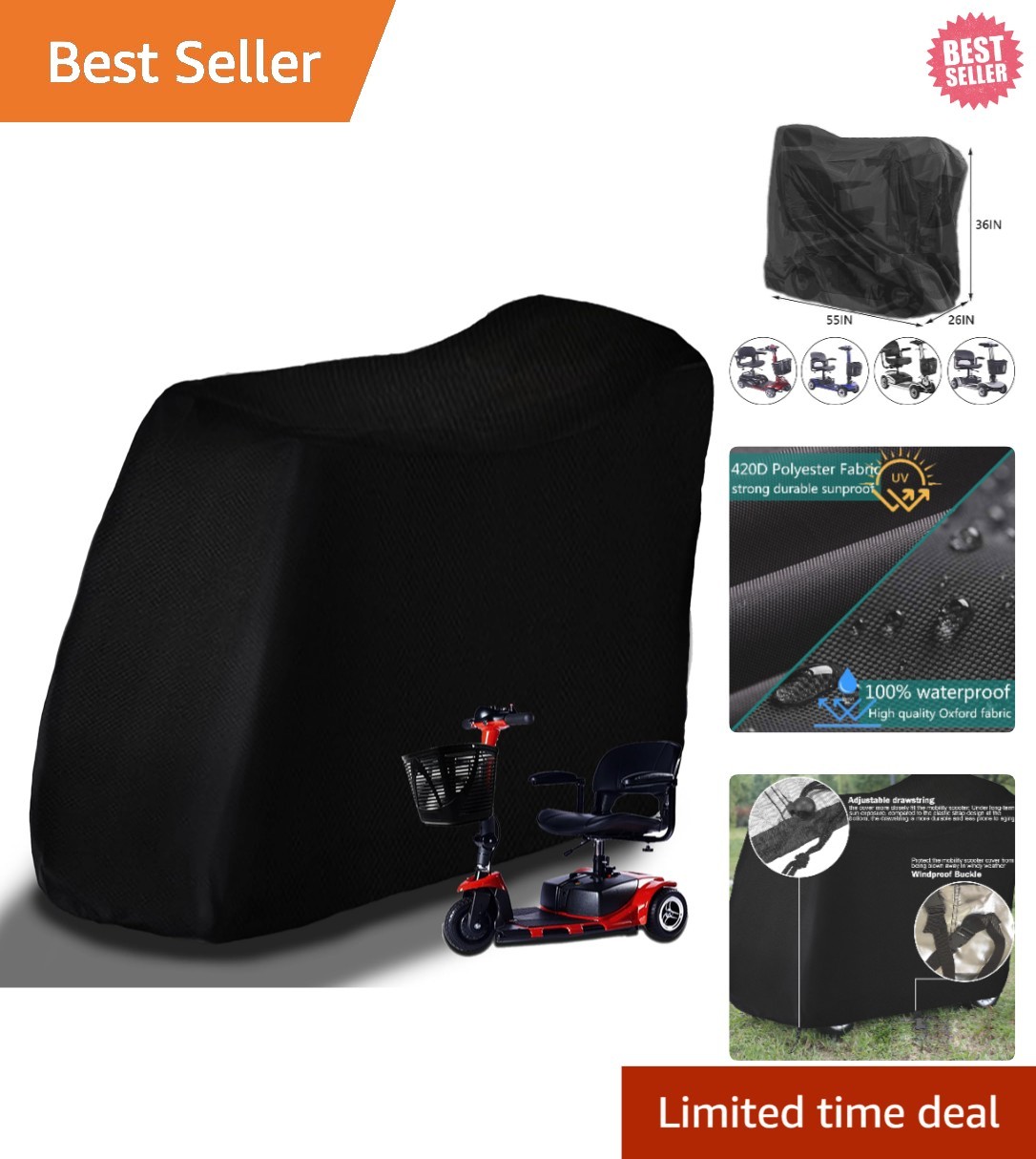 Heavy-Duty Oxford Fabric Scooter Cover - Windproof Protection, 55" x 26" x 36"
