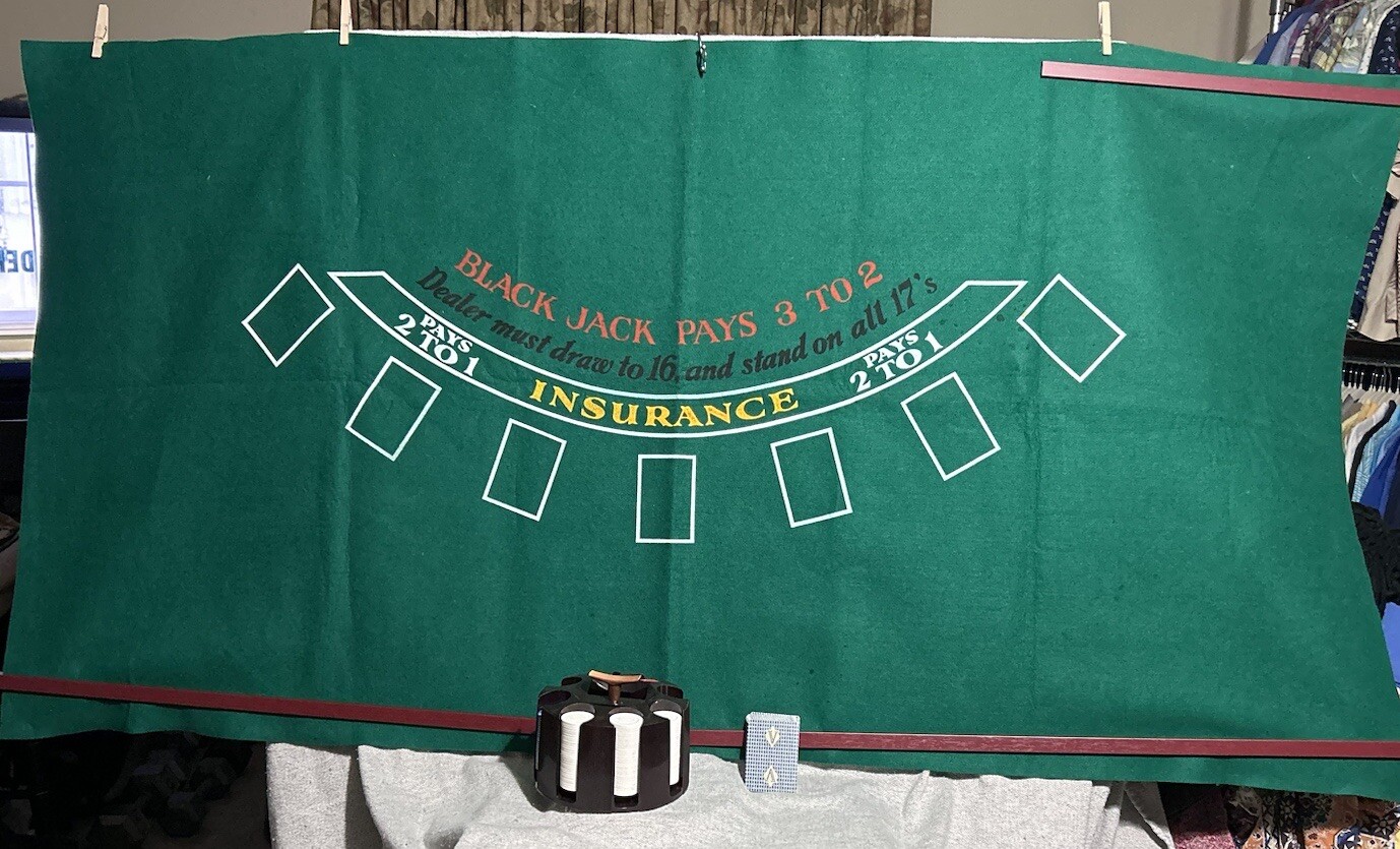 Casino Blackjack Green Felt Layout 36x72 Rotating Poker Chip Rack & Deck Cards