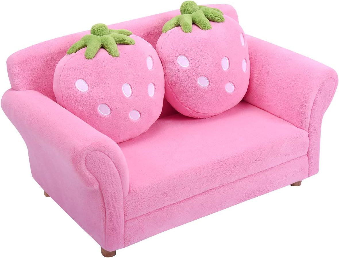 Kids Sofa, Upholstered Toddler Couch Chair with Ergonomic Back & 2 Strawberry Pi
