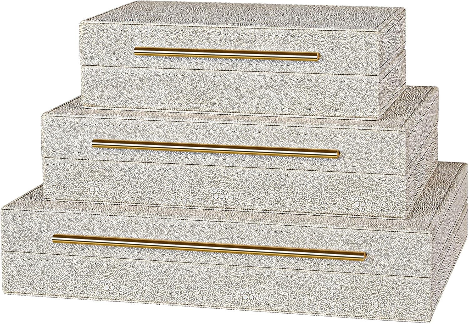 Elegant Set of 3 Ivory Shagreen Decorative Boxes with Velvet Lining and Golden