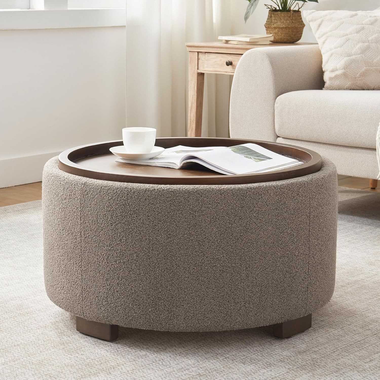 30 Inch Round Storage Ottoman Coffee Table, Modern Boucle Ottoman