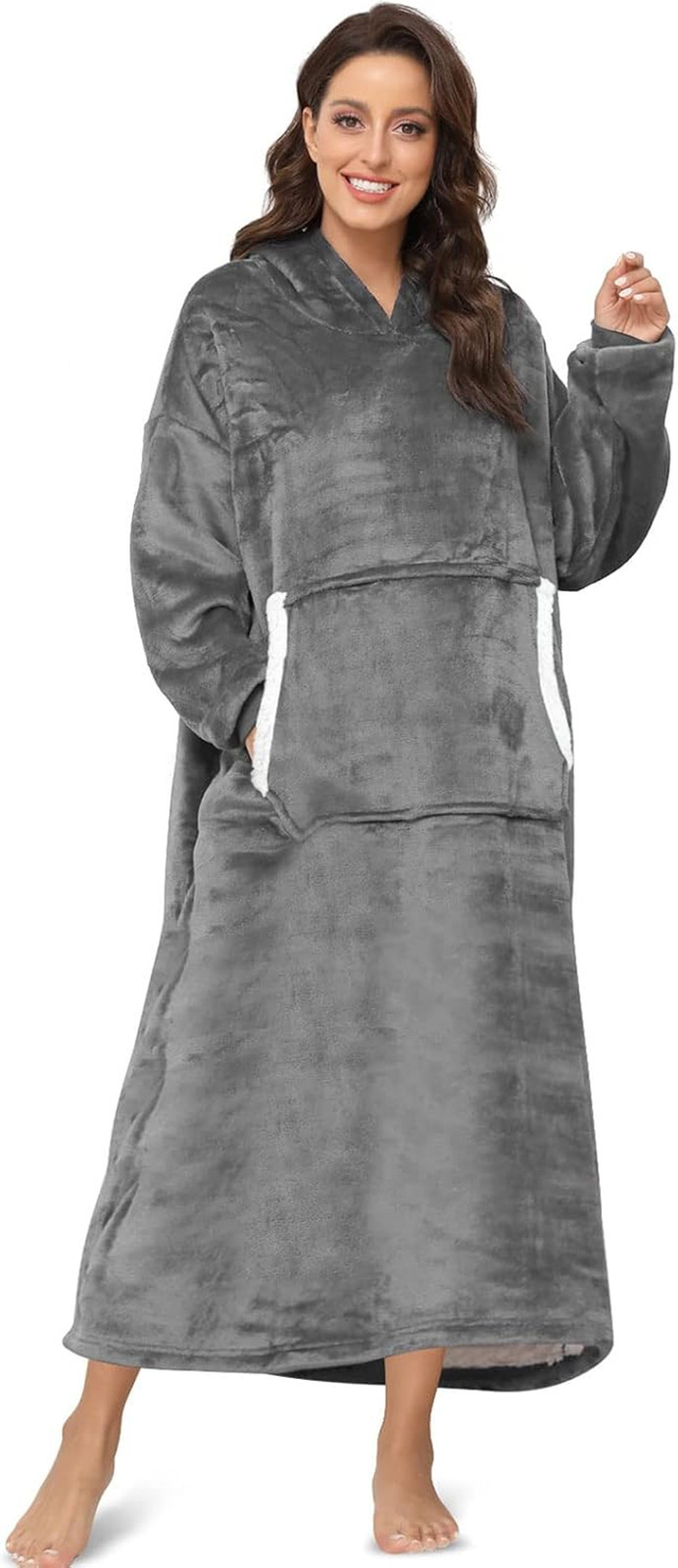 Wearable Blanket for Women Men Long Sherpa Hoodie with Giant Pocket Cosy Onesize