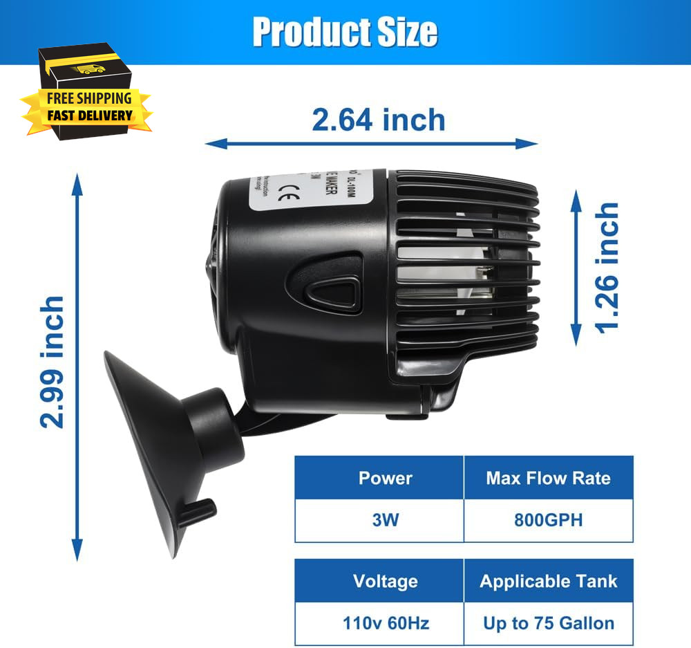 800GPH Mini Aquarium Circulation Pump Ultra-Quiet Fish Tank Wave Maker with Suct