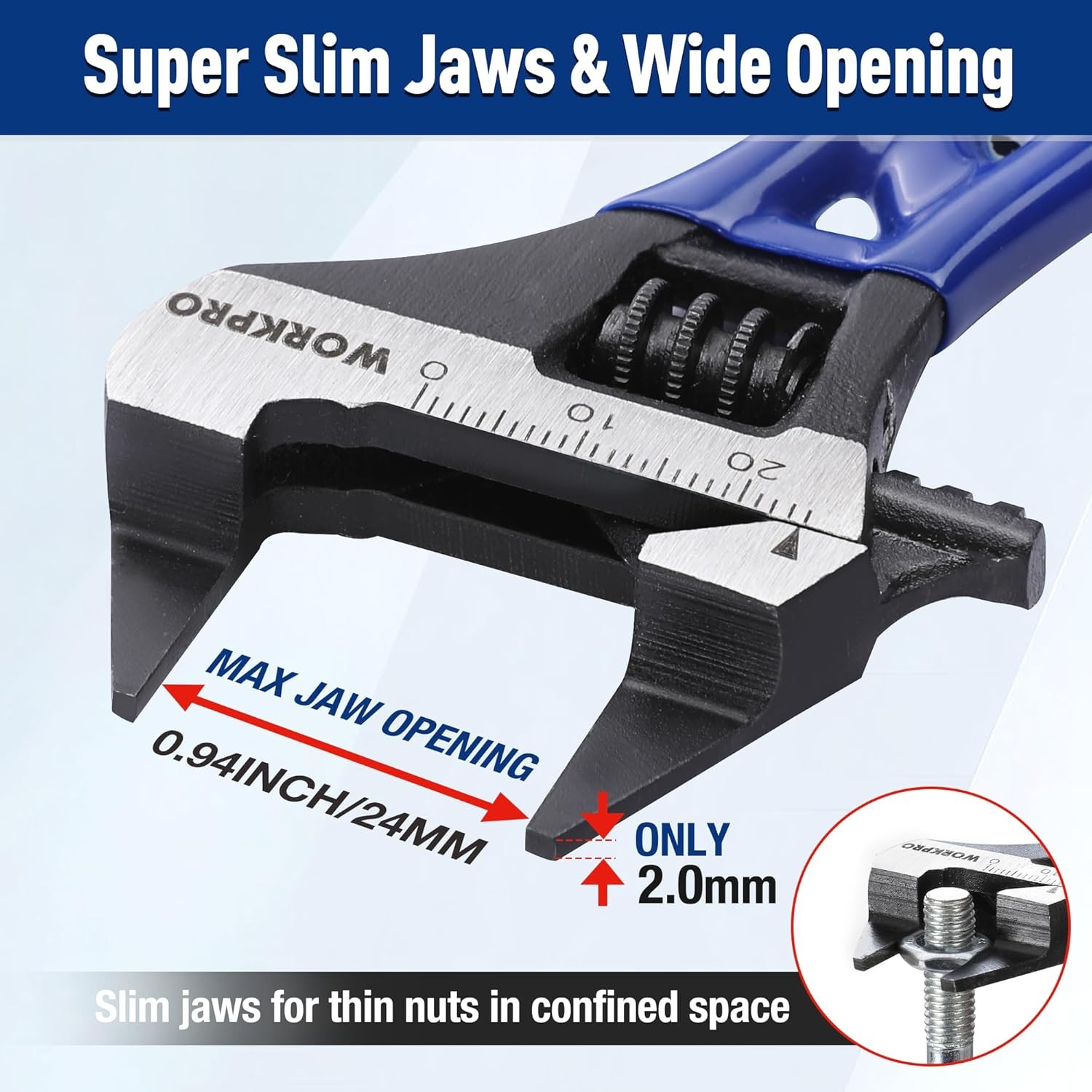 WORKPRO 4-Inch Thin Jaws Stubby Wide Opening Adjustable Wrench, Small Adjustable